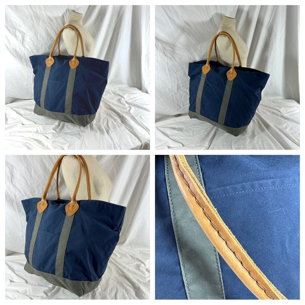 Genuine LL BEAN  Boat & Tote Bag Full Grain Leather Handles vintage Blue Green - Picture 3 of 13